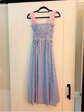 Anthropologie En Elly Blue and White Striped Maxi Dress with Pink Ruffle Straps